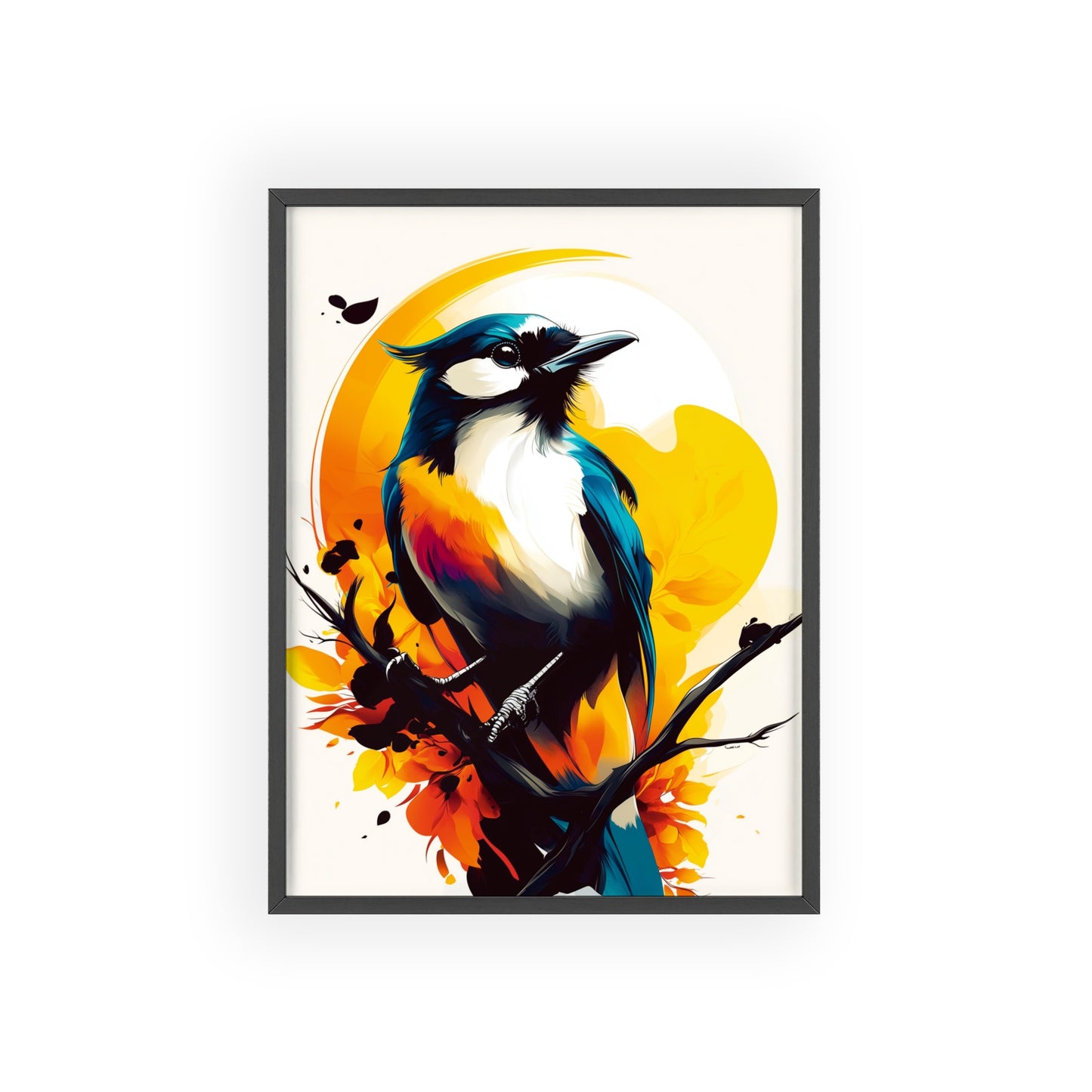 Stylized digital pop art poster of a jay with dynamic geometric shapes in vibrant yellow, orange, blue, and black colors