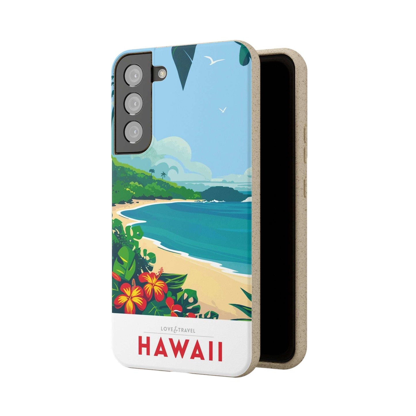 Vibrant biodegradable phone case featuring a colorful Hawaii-inspired travel poster design.