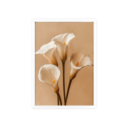 Vintage-style framed poster featuring elegant calla lily blooms with sleek, curving stems