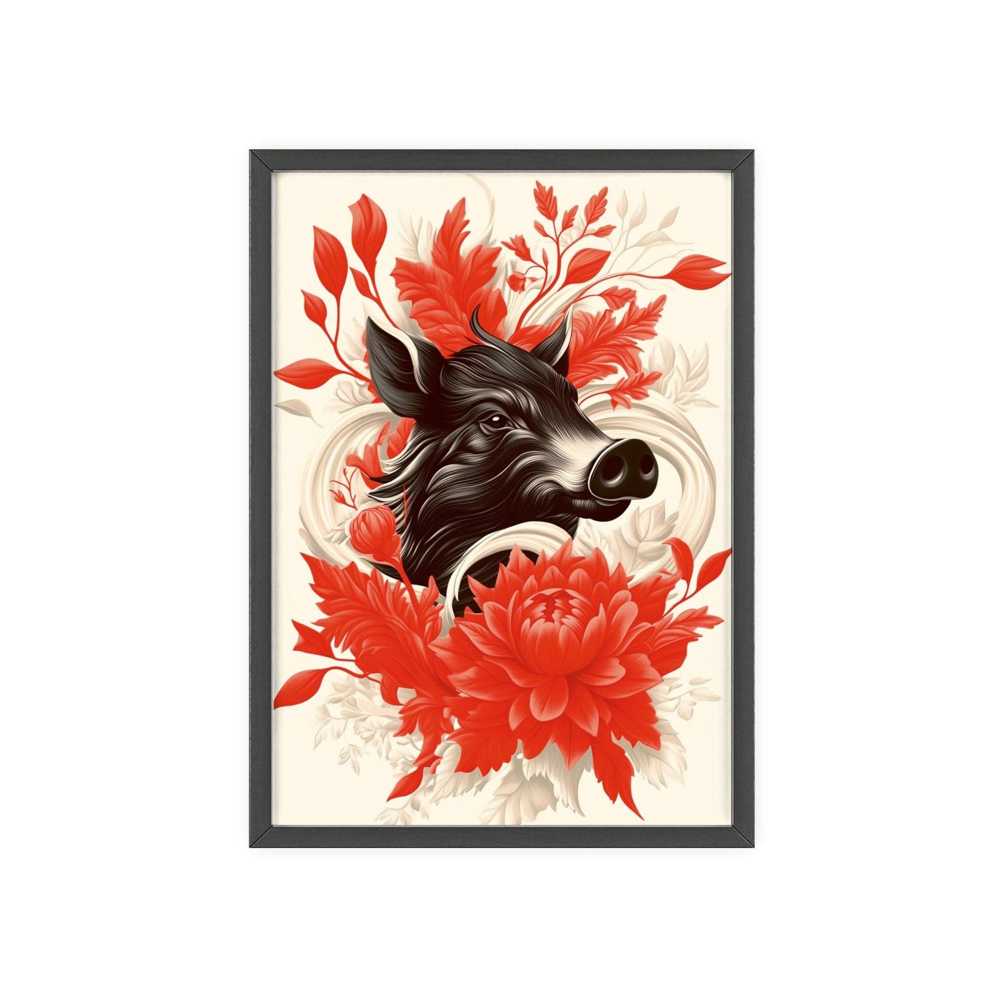 Framed poster of a stylized wild boar surrounded by red flowers.