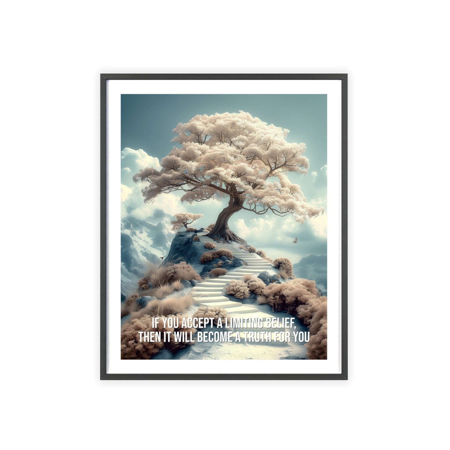 Surreal minimalist art print featuring a solitary tree on a hill, with Louise Hay quote "If you accept a limiting belief, then it will become a truth for you"