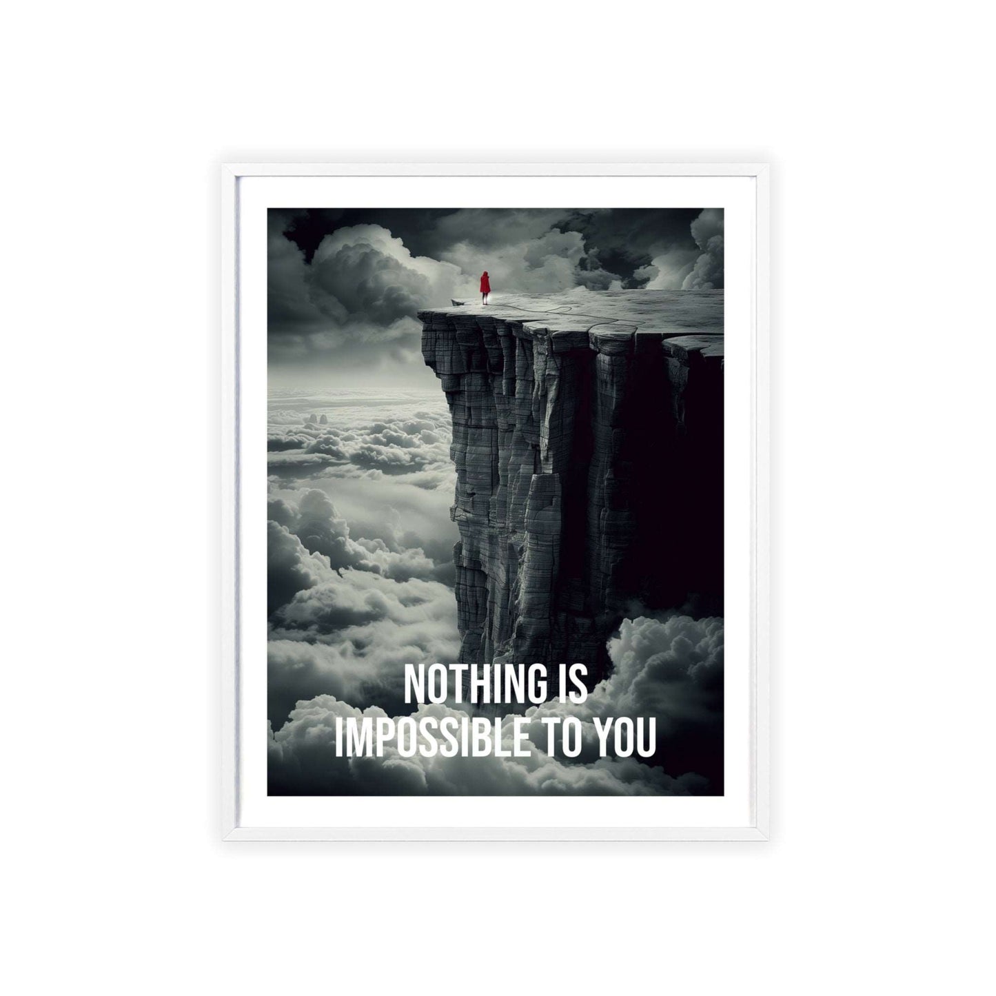 Surreal minimalist art print featuring a silhouette climbing a cliff, with Neville Goddard quote "Nothing is impossible to you"