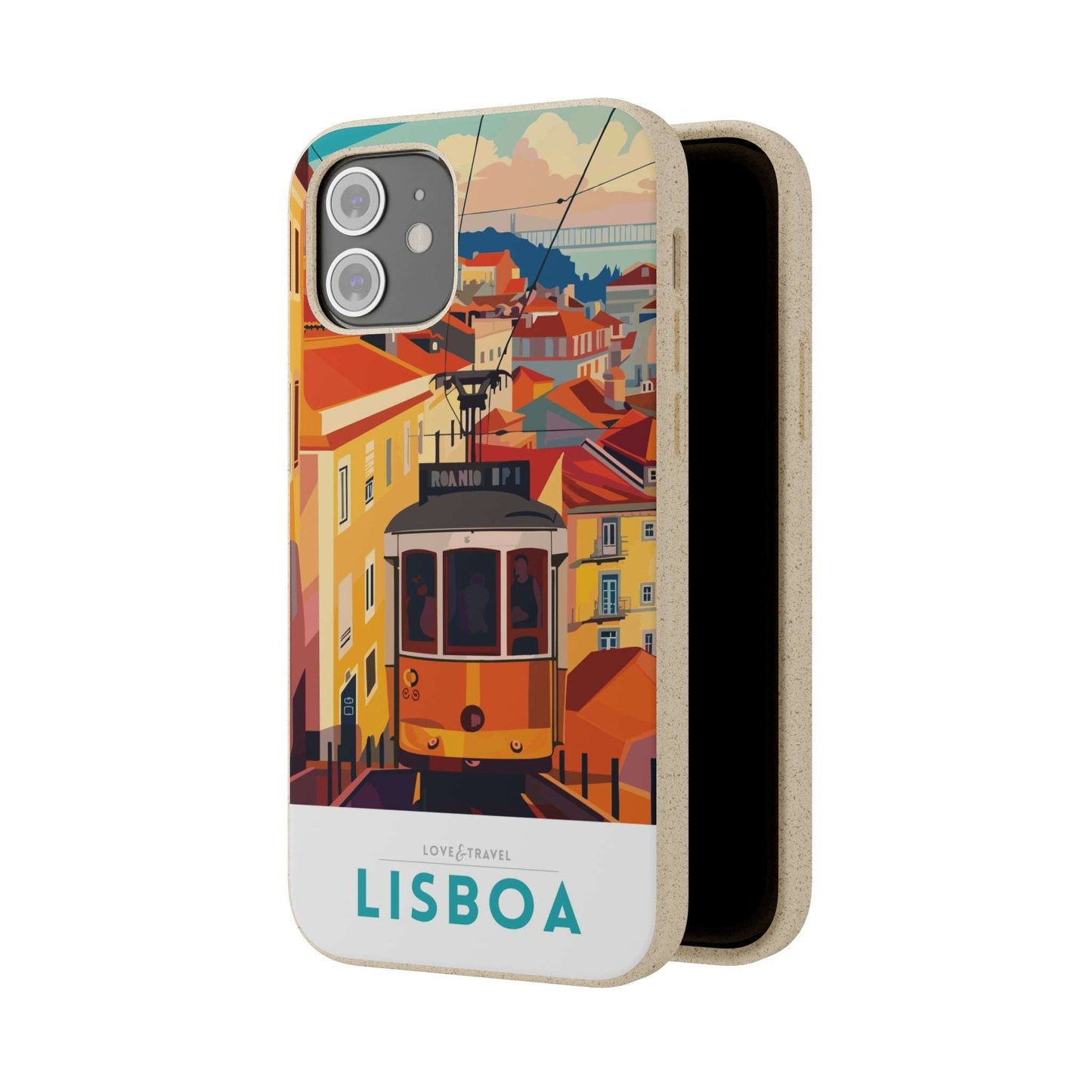 Colorful biodegradable phone case featuring a stylized travel poster design of Lisbon, Portugal.