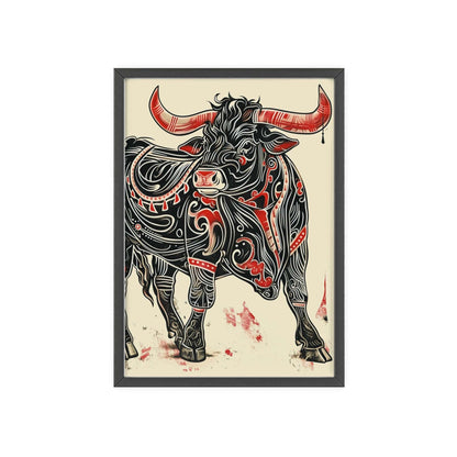 bull poster, animal art, bold design, black and red, wildlife decor, intricate patterns, nature illustration, wall art, dynamic artwork