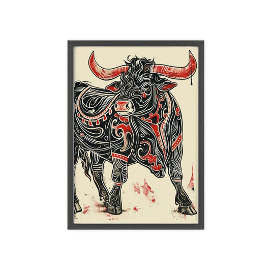 bull poster, animal art, bold design, black and red, wildlife decor, intricate patterns, nature illustration, wall art, dynamic artwork
