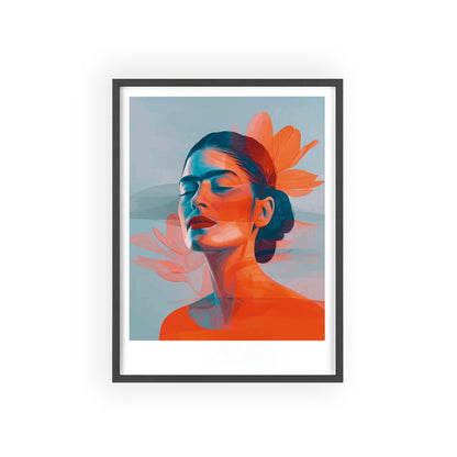 Framed poster featuring a high-resolution, minimalist portrait of Frida Kahlo with closed eyes. The portrait uses a double exposure effect with a background of orange and blue gradient leaves. The artwork is in a flat design style with smooth lines and geometric shapes.