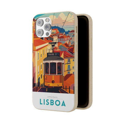 Colorful biodegradable phone case featuring a stylized travel poster design of Lisbon, Portugal.