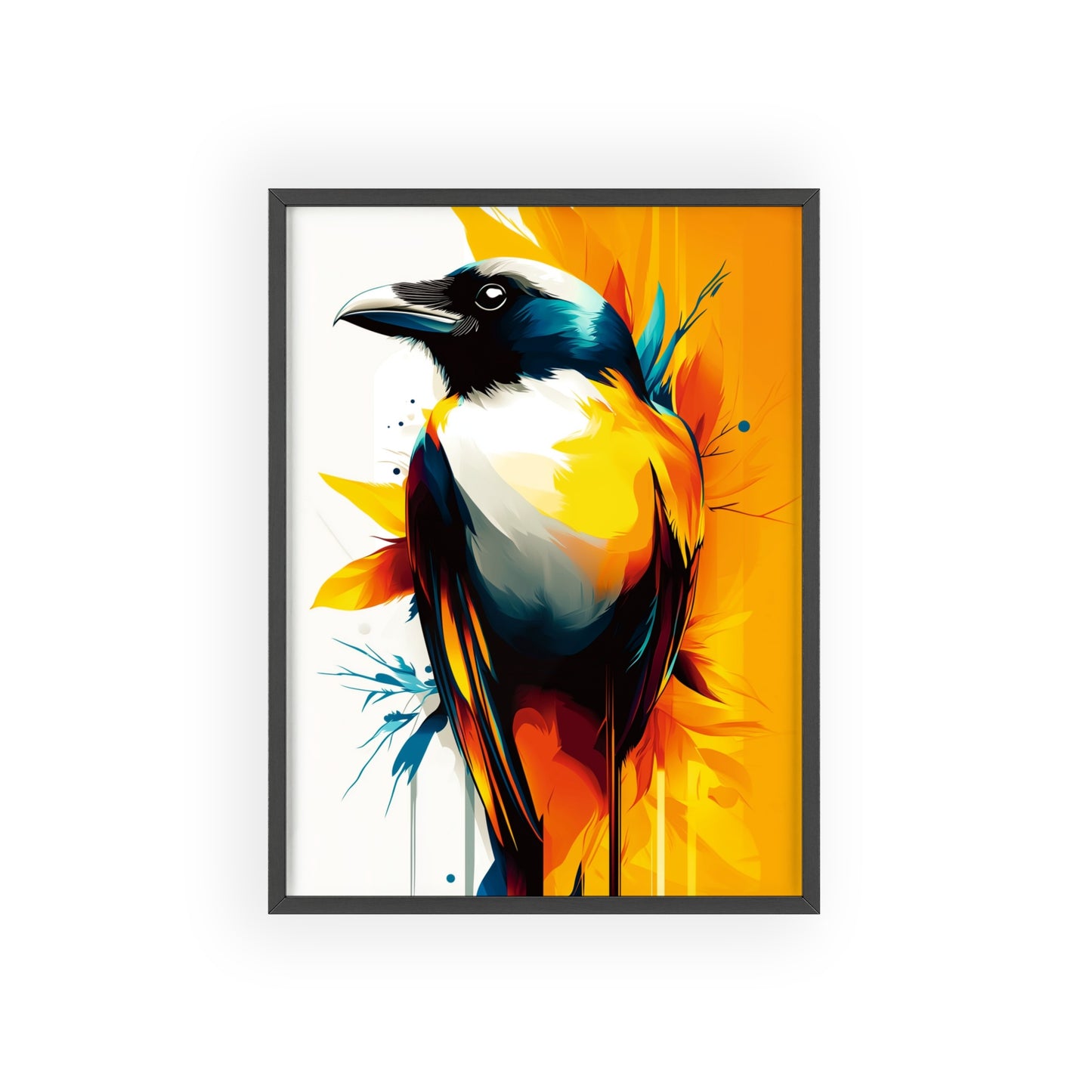 Striking digital illustration of a mystical crow with abstract shapes and vibrant colors, part of the Mystical Beasts Collection framed poster series.