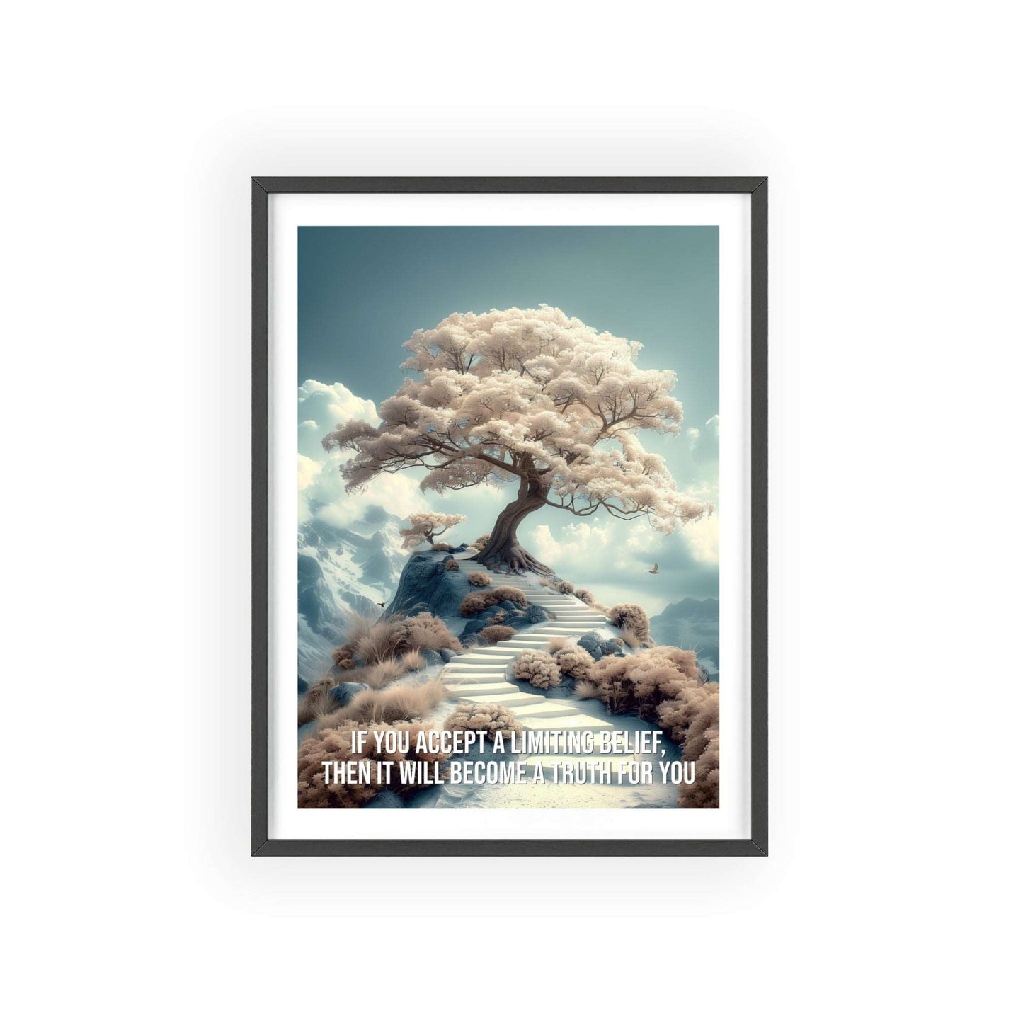 Surreal minimalist art print featuring a solitary tree on a hill, with Louise Hay quote "If you accept a limiting belief, then it will become a truth for you"