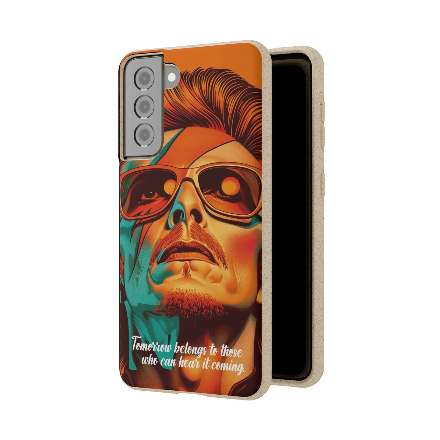 Colorful biodegradable phone case with David Bowie's quote "Tomorrow belongs to those who can hear it coming"