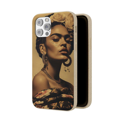 Biodegradable phone case with Frida Kahlo's Cancun 1927 portrait in vintage style.