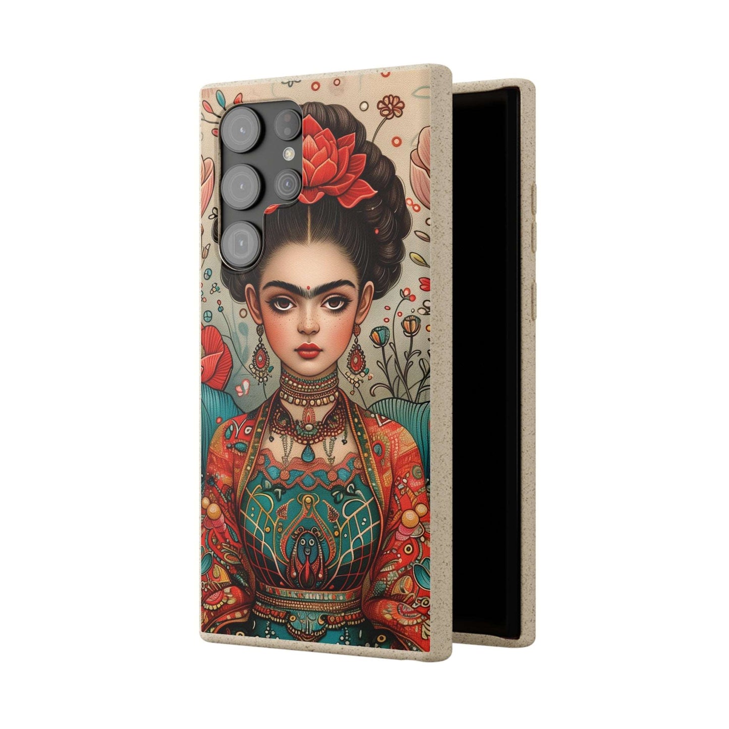 Artistic biodegradable phone case featuring a young Frida Kahlo in meditation, rendered in a modern style