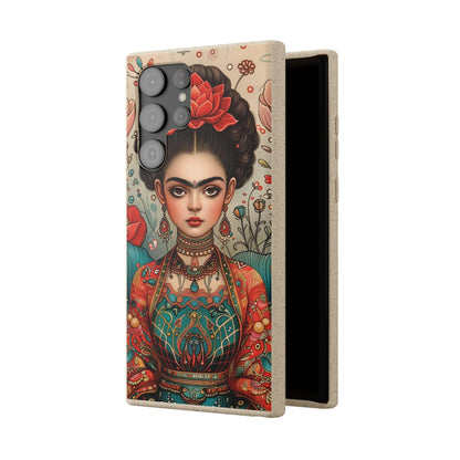 Artistic biodegradable phone case featuring a young Frida Kahlo in meditation, rendered in a modern style