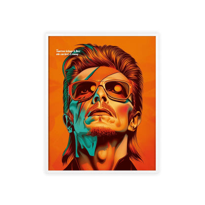 Portrait poster featuring David Bowie's quote: 'Tomorrow belongs to those who can hear it coming,' with bright, vibrant colors, perfect for modern home decor.