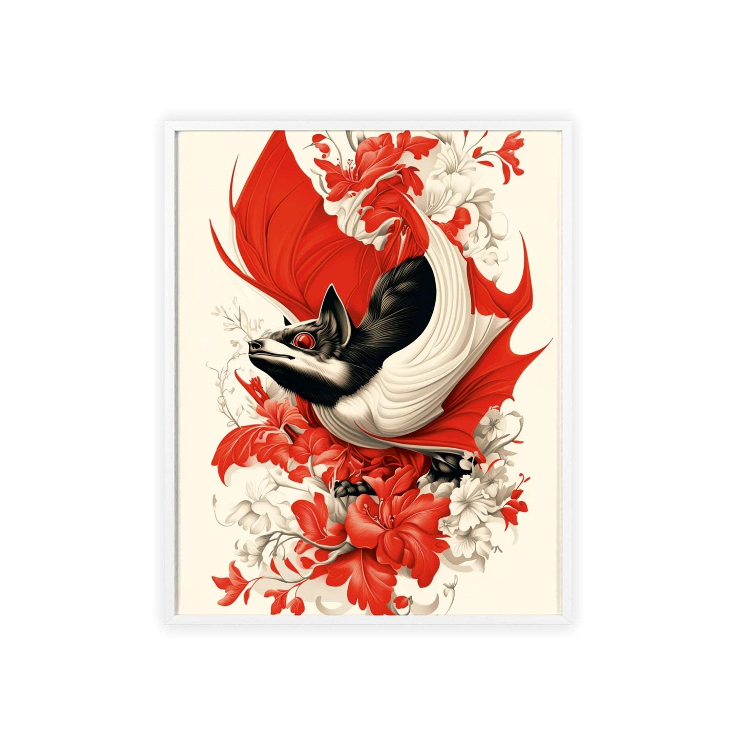 Framed poster featuring a stylized bat amidst vibrant red flowers