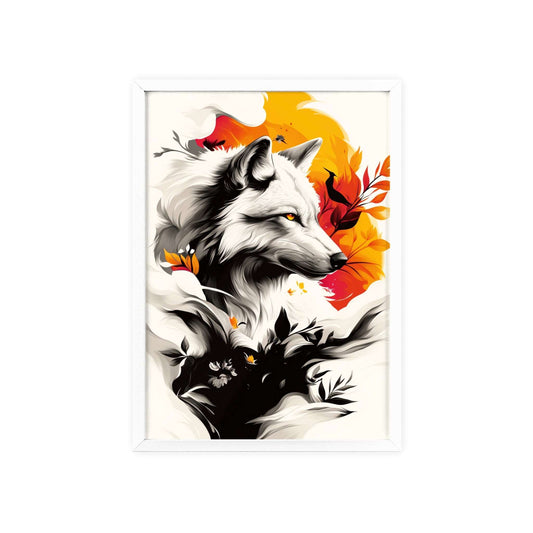 Contemporary digital pop art poster of a stylized wolf with dynamic geometric shapes in vibrant yellow, orange and black colors