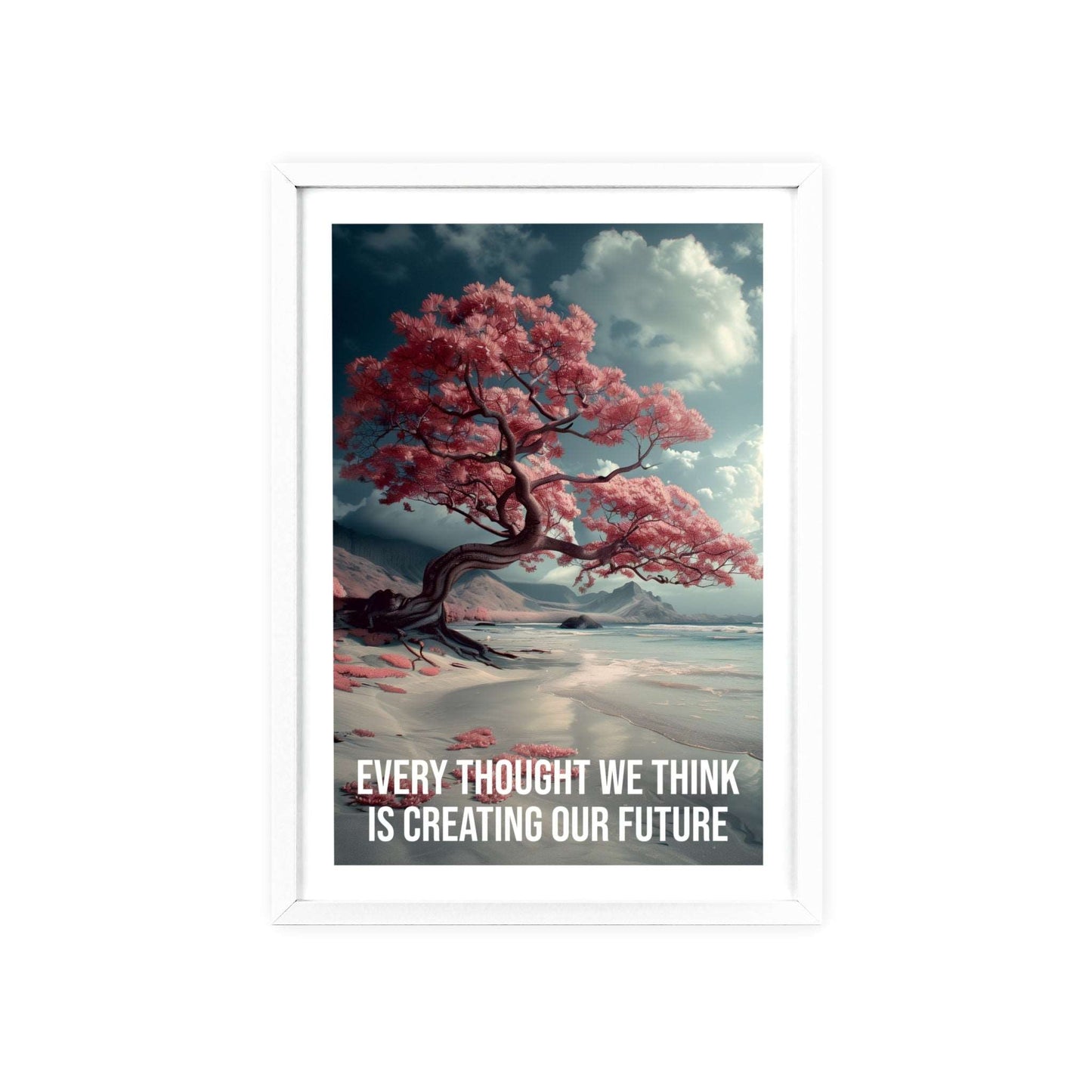 Surreal minimalist art print featuring a solitary tree on a lake shore, with Louise Hay quote "Every thought we think is creating our future"