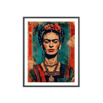 Framed poster featuring a portrait of Frida Kahlo in the style of Shepard Fairey. Frida has red lips, black eyeliner, and wears vibrant traditional Mexican clothing. The background has a distressed vintage texture