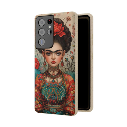 Artistic biodegradable phone case featuring a young Frida Kahlo in meditation, rendered in a modern style