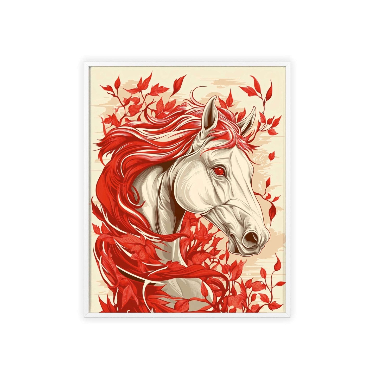 Framed poster featuring a stylized horse amidst red flowers