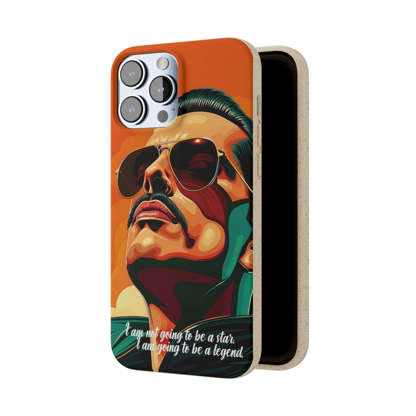 Biodegradable phone case with Freddie Mercury portrait and quote "I'm not going to be a star, I'm going to be a legend".