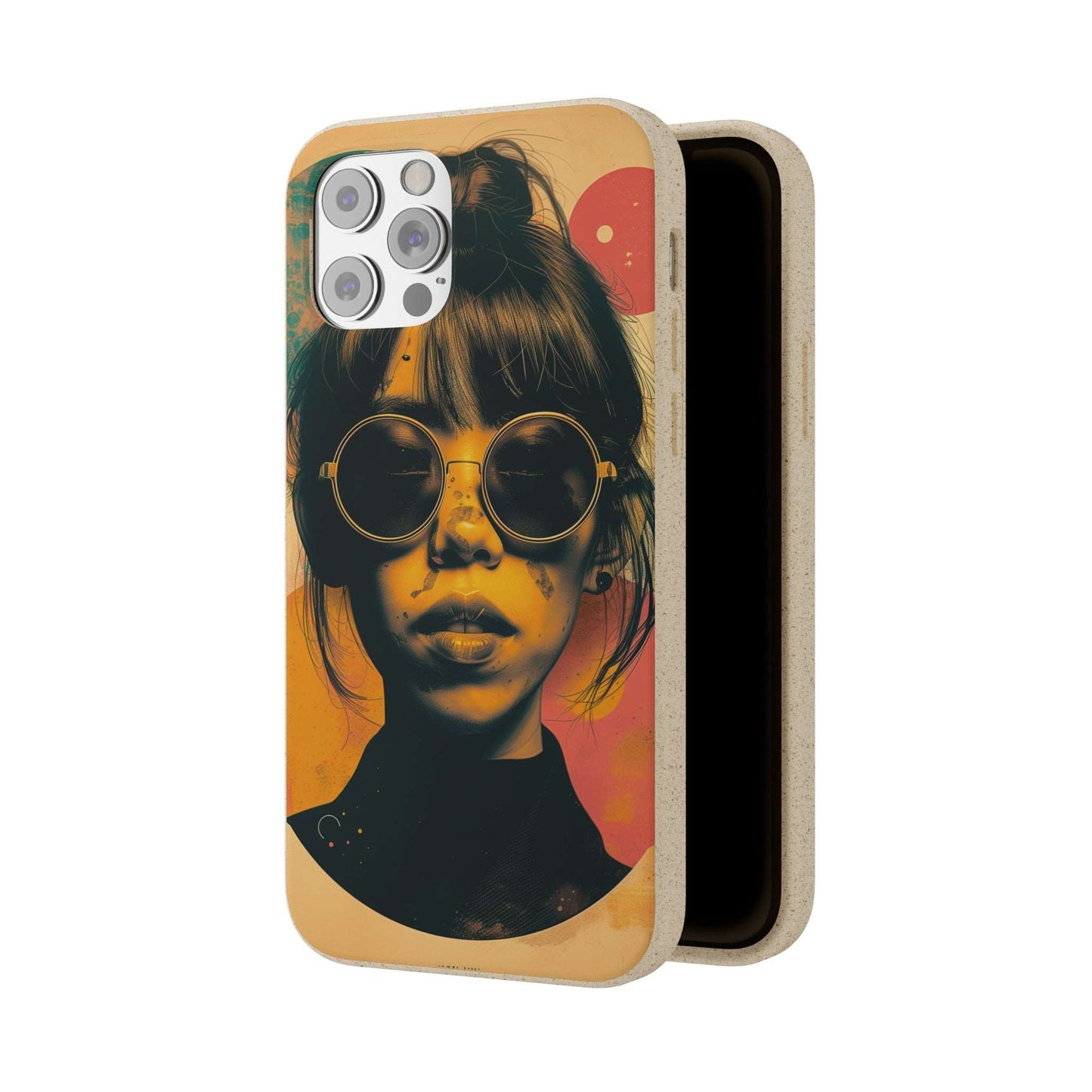 Tokyo-themed phone case featuring a retro portrait with neon colors, made from biodegradable materials, compatible with iPhone and Samsung.