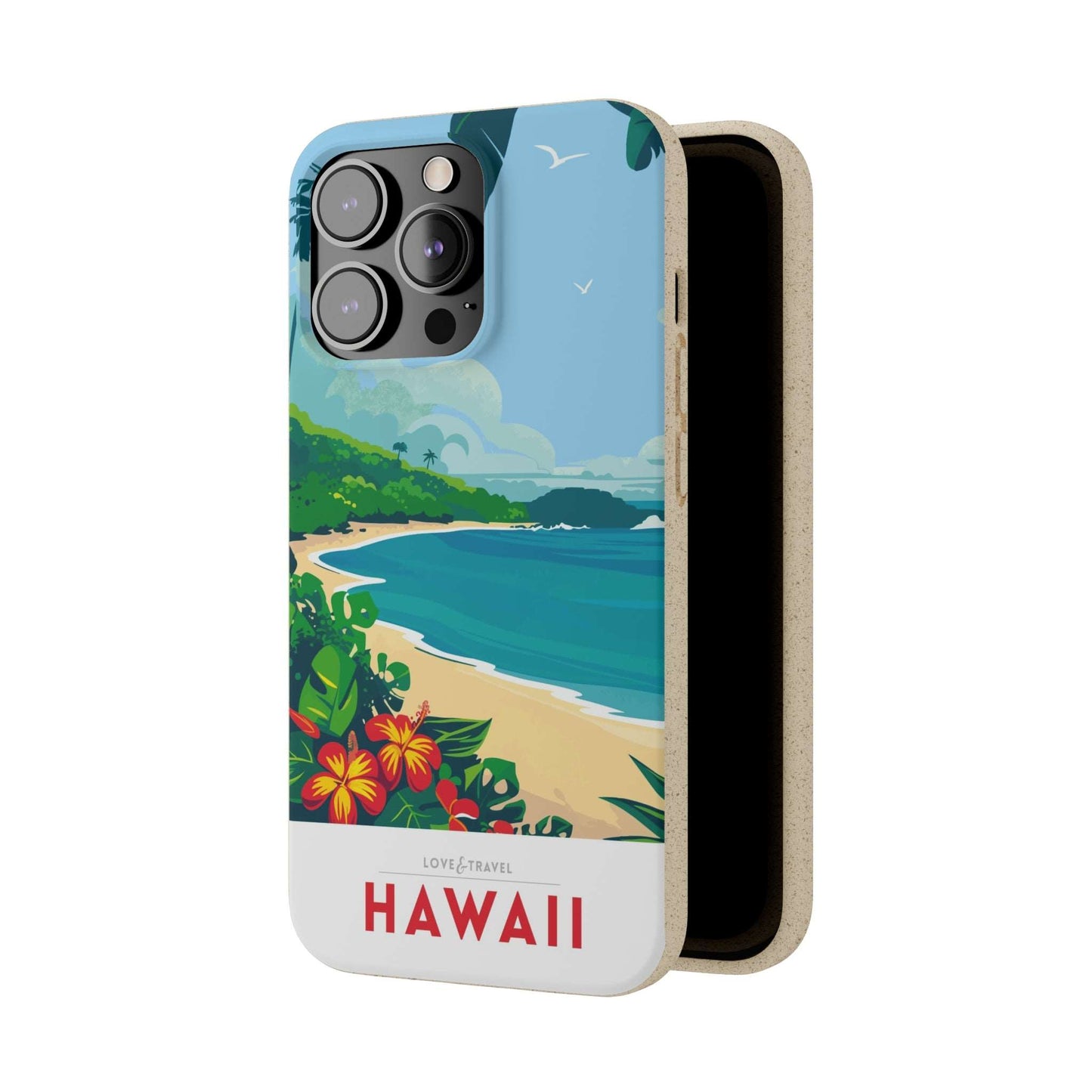 Vibrant biodegradable phone case featuring a colorful Hawaii-inspired travel poster design.