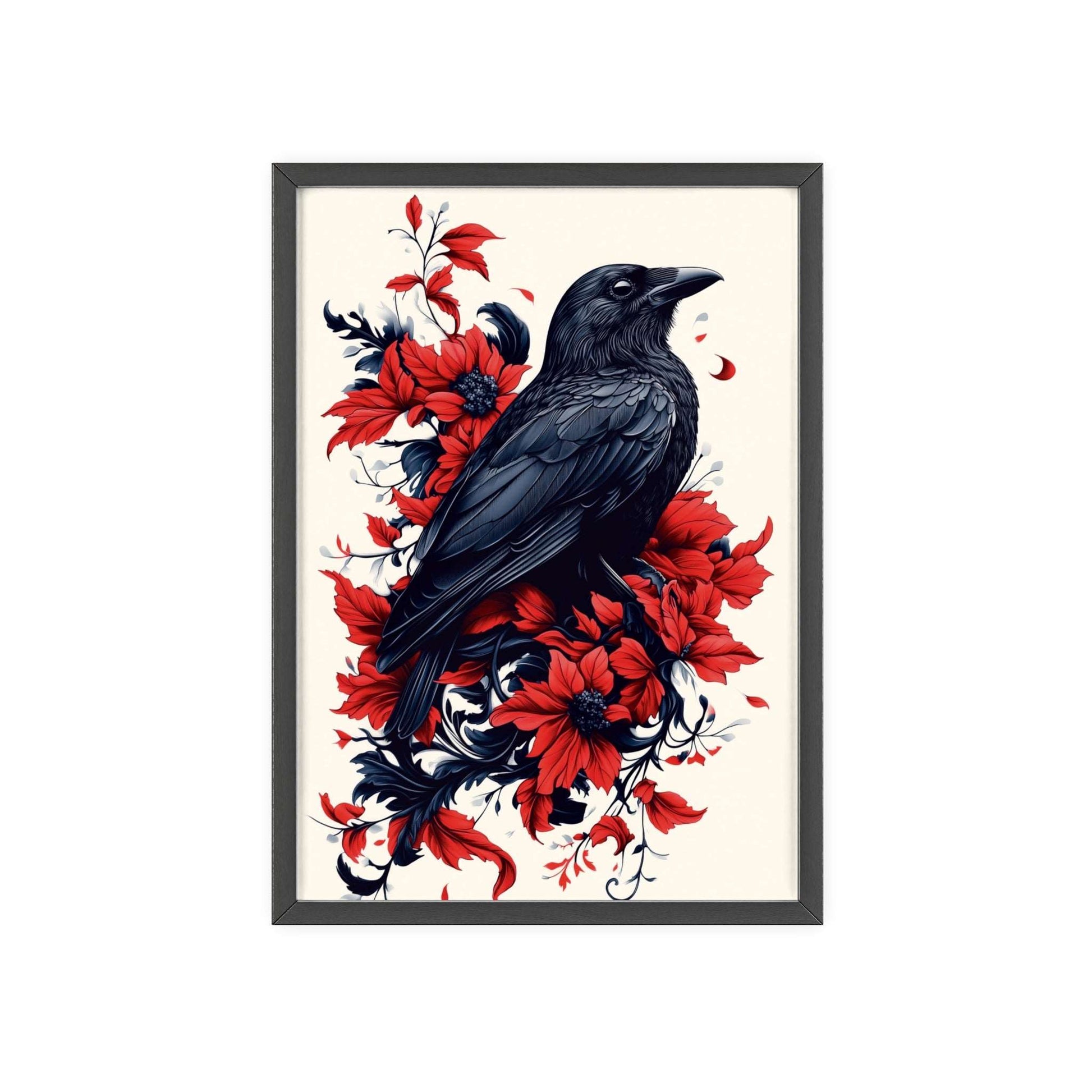 Framed poster of a stylized crow amidst vibrant red flowers.