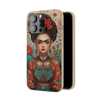 Artistic biodegradable phone case featuring a young Frida Kahlo in meditation, rendered in a modern style