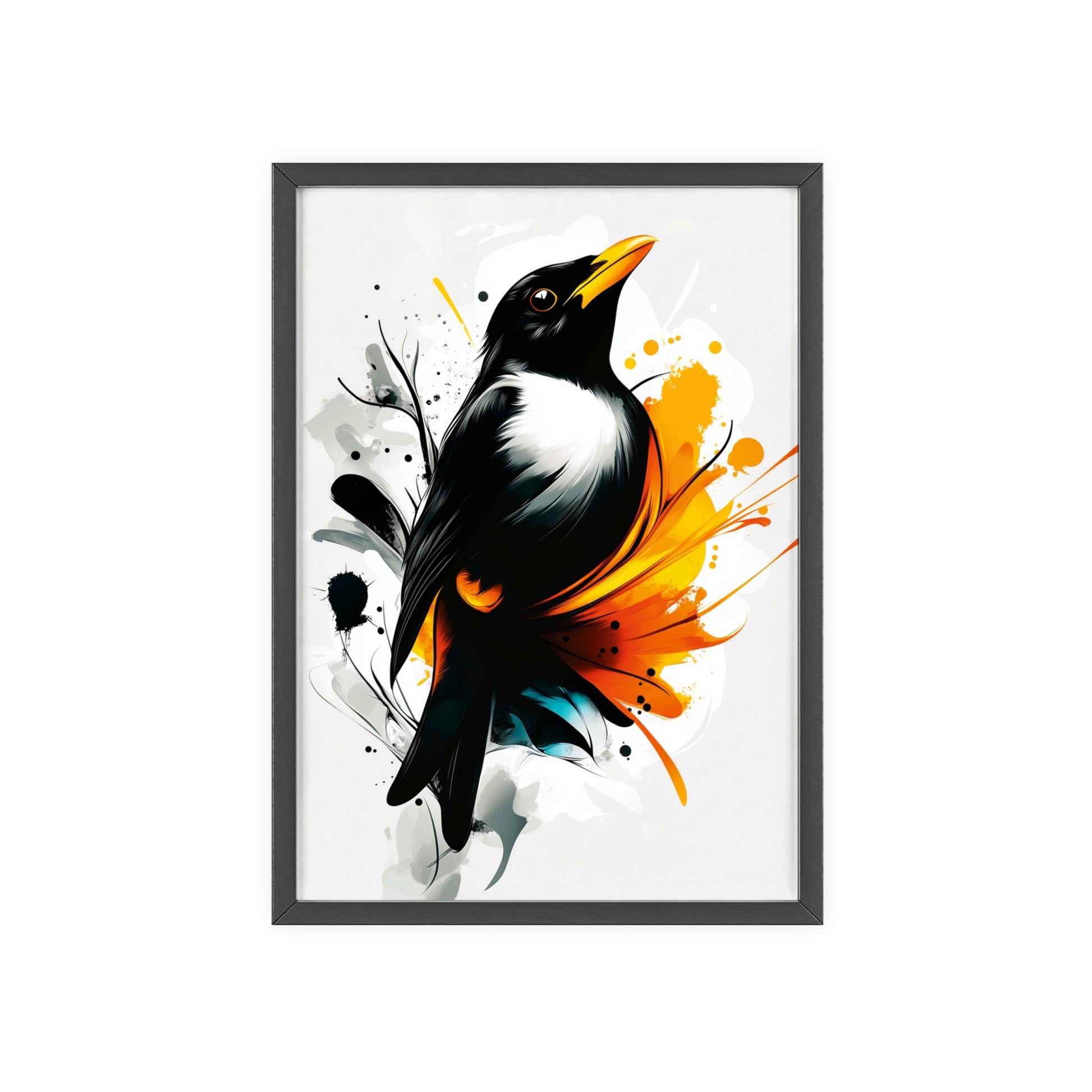 Colorful digital illustration of a mystical backbird with geometric shapes and vibrant hues, part of the Mystical Beasts Collection framed poster series