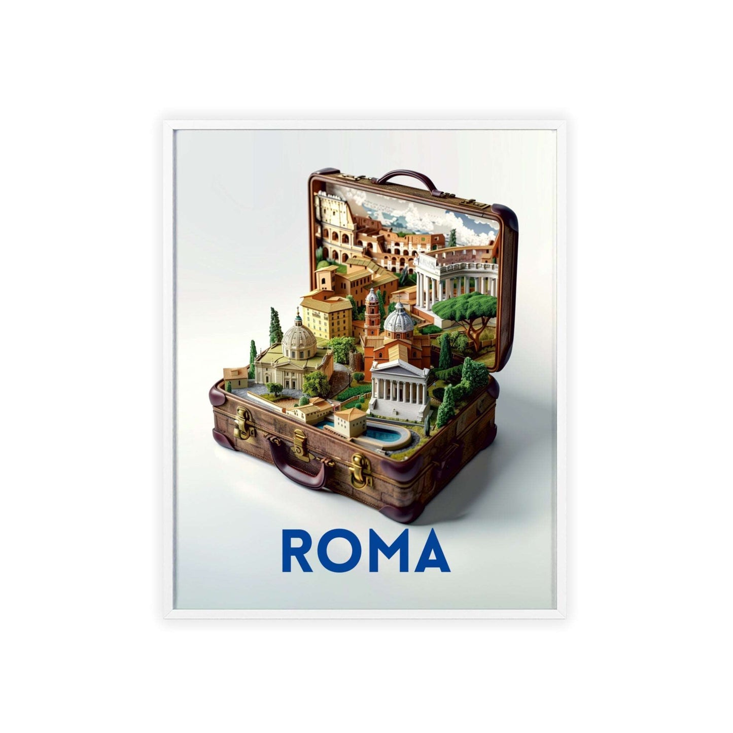 Beautiful Rome in a Suitcase travel poster featuring iconic landmarks, inspiring wanderlust and a love for timeless travel