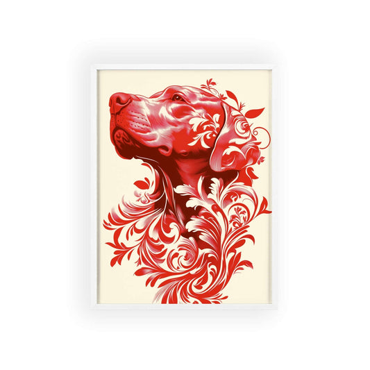 Framed poster showcasing a stylized hound surrounded by vibrant red flowers