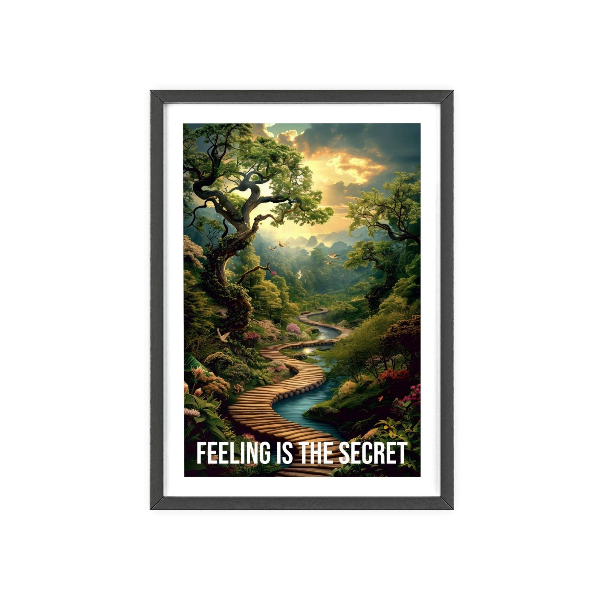 urreal minimalist art print featuring a winding forest path with sunbeams, and Neville Goddard quote "Feeling is the secret"