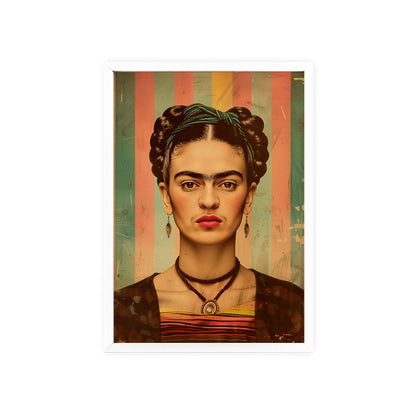 Vintage pop art style poster featuring Frida Kahlo in a vibrant color scheme. Frida has her signature unibrow, set against a background of bold, contrasting colors. The poster is framed.