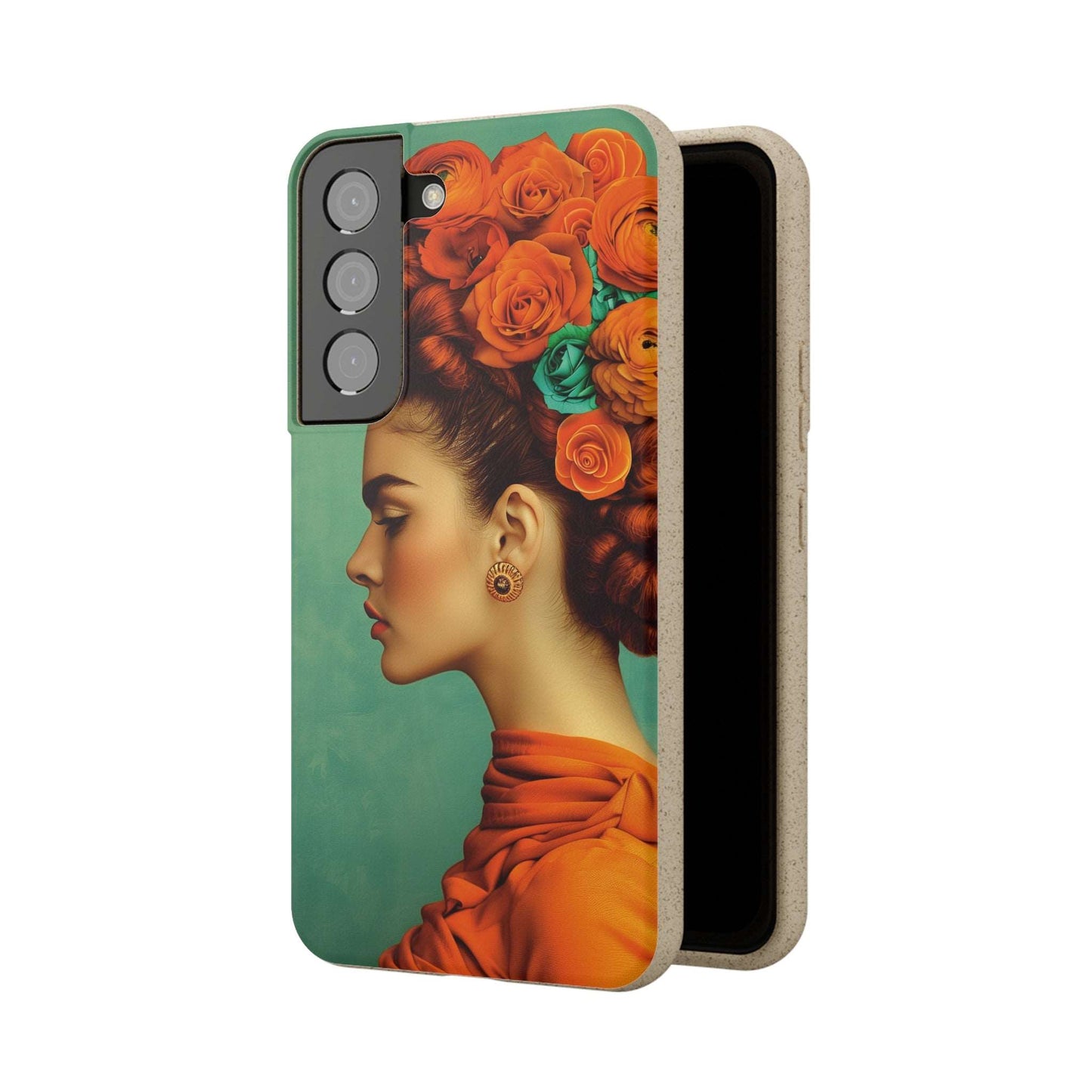 Vibrant orange biodegradable phone case featuring a stylized portrait of Frida Kahlo with aquamarine accents.