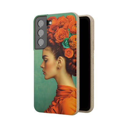 Vibrant orange biodegradable phone case featuring a stylized portrait of Frida Kahlo with aquamarine accents.