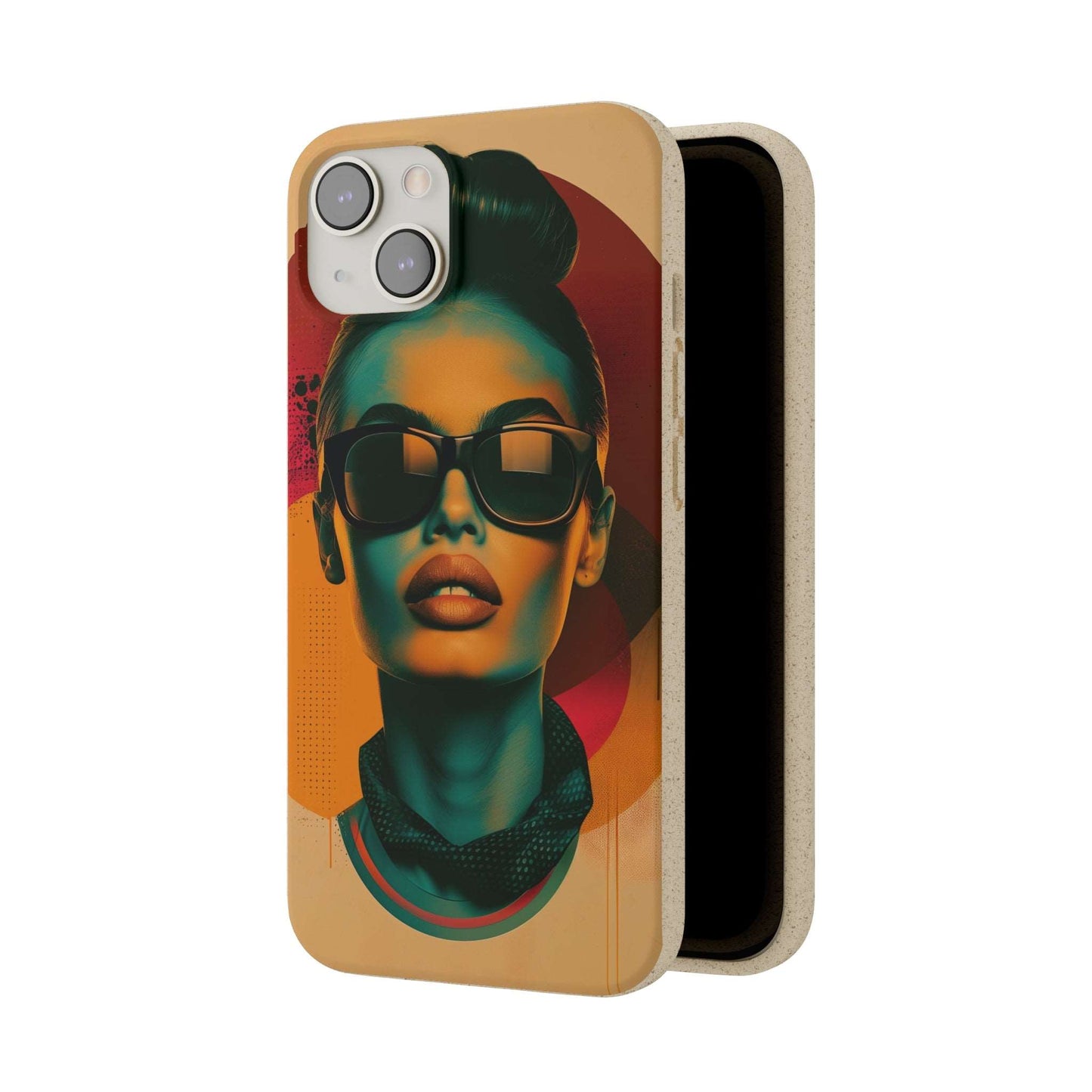 Madrid-themed phone case with a vibrant retro portrait design in biodegradable materials, compatible with iPhone and Samsung.