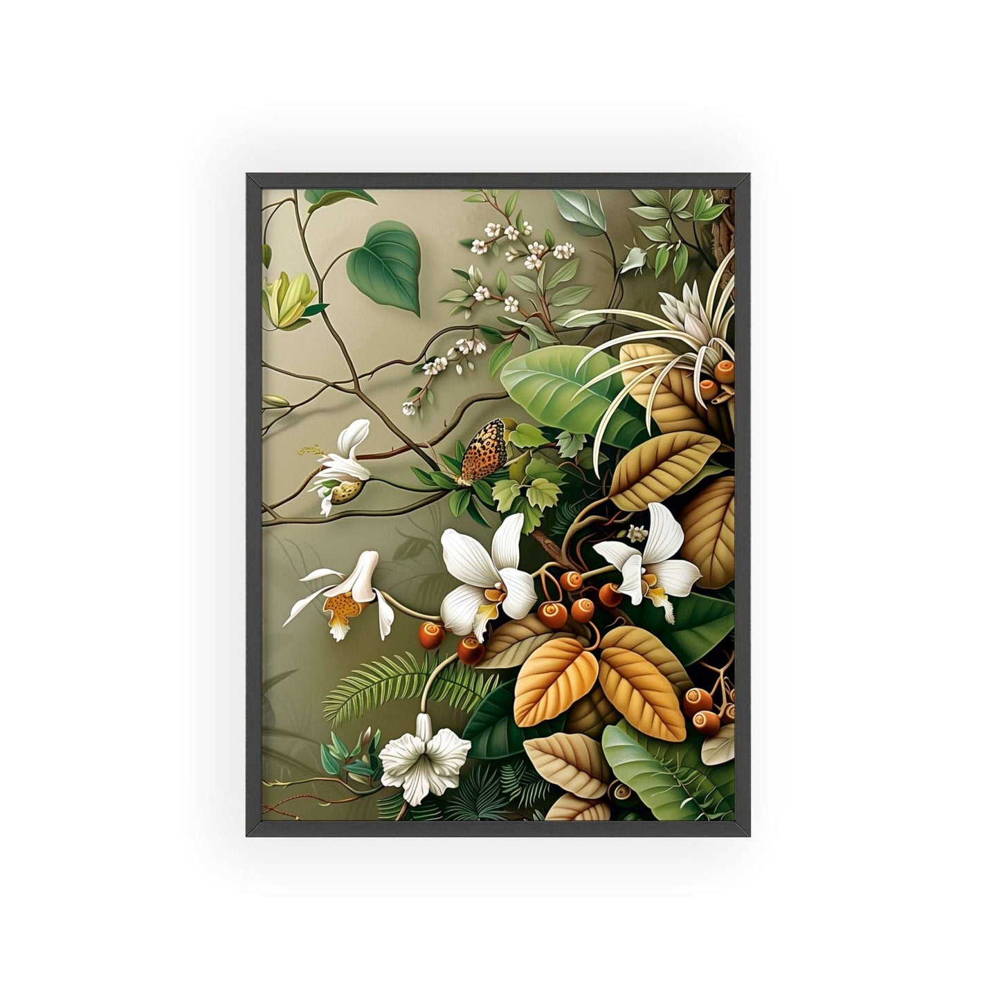 Vintage-style framed poster featuring intricate orchid blooms with delicate petals and stems