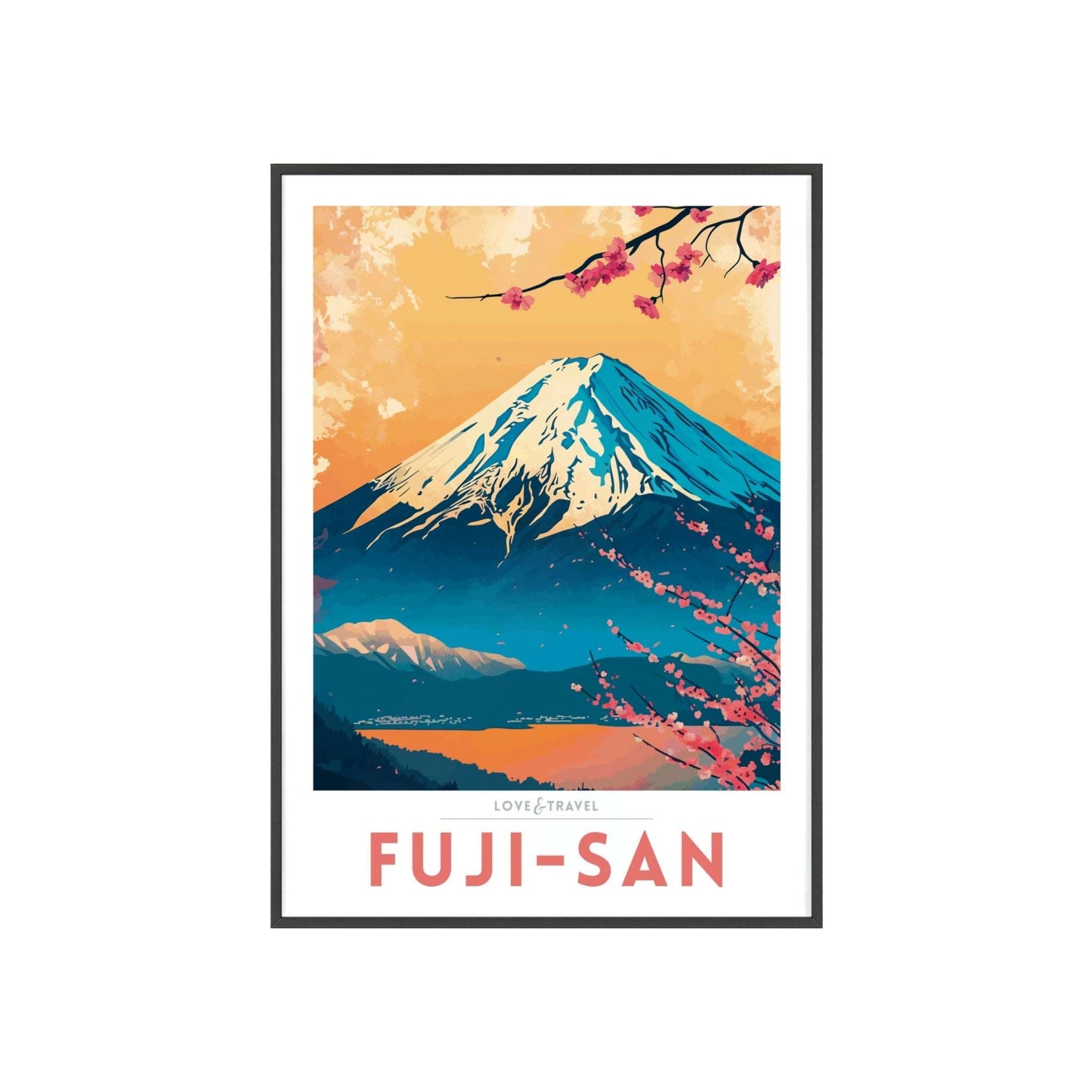 Travel poster of Mount Fuji featuring the iconic peak framed by cherry blossoms, capturing the serene beauty and cultural essence of Japan