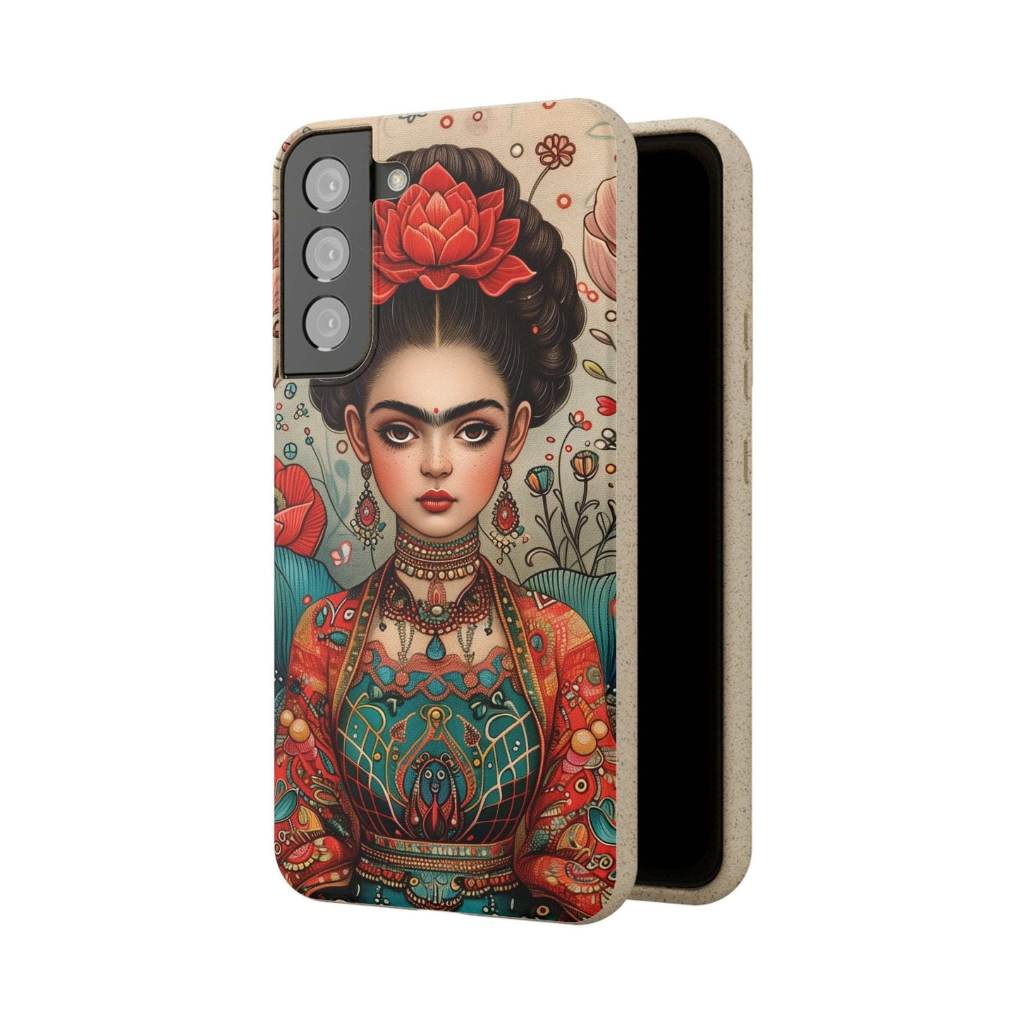 Artistic biodegradable phone case featuring a young Frida Kahlo in meditation, rendered in a modern style