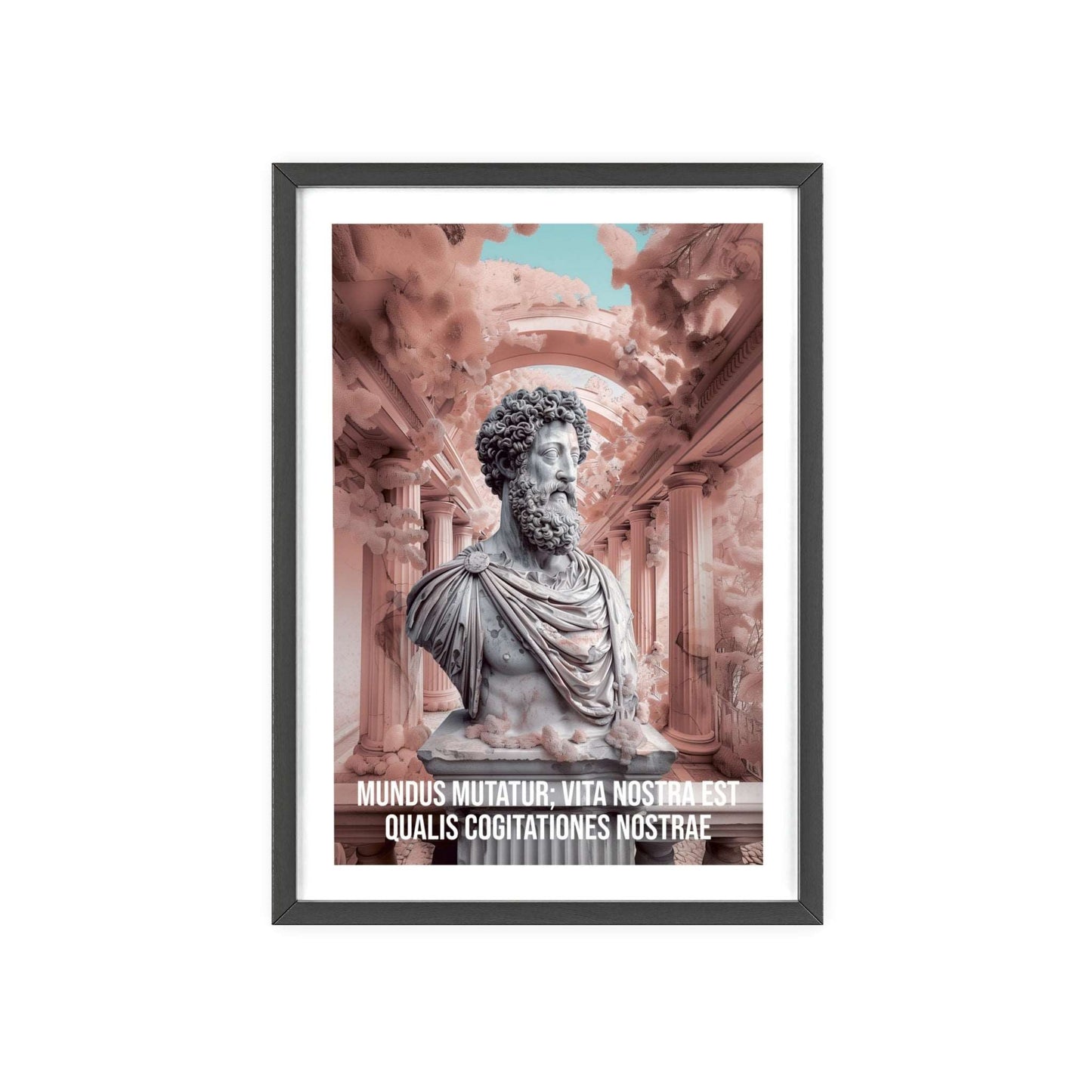 Surreal minimalist art print featuring Marcus Aurelius with Latin quote on the power of thoughts shaping our life amidst a changing world