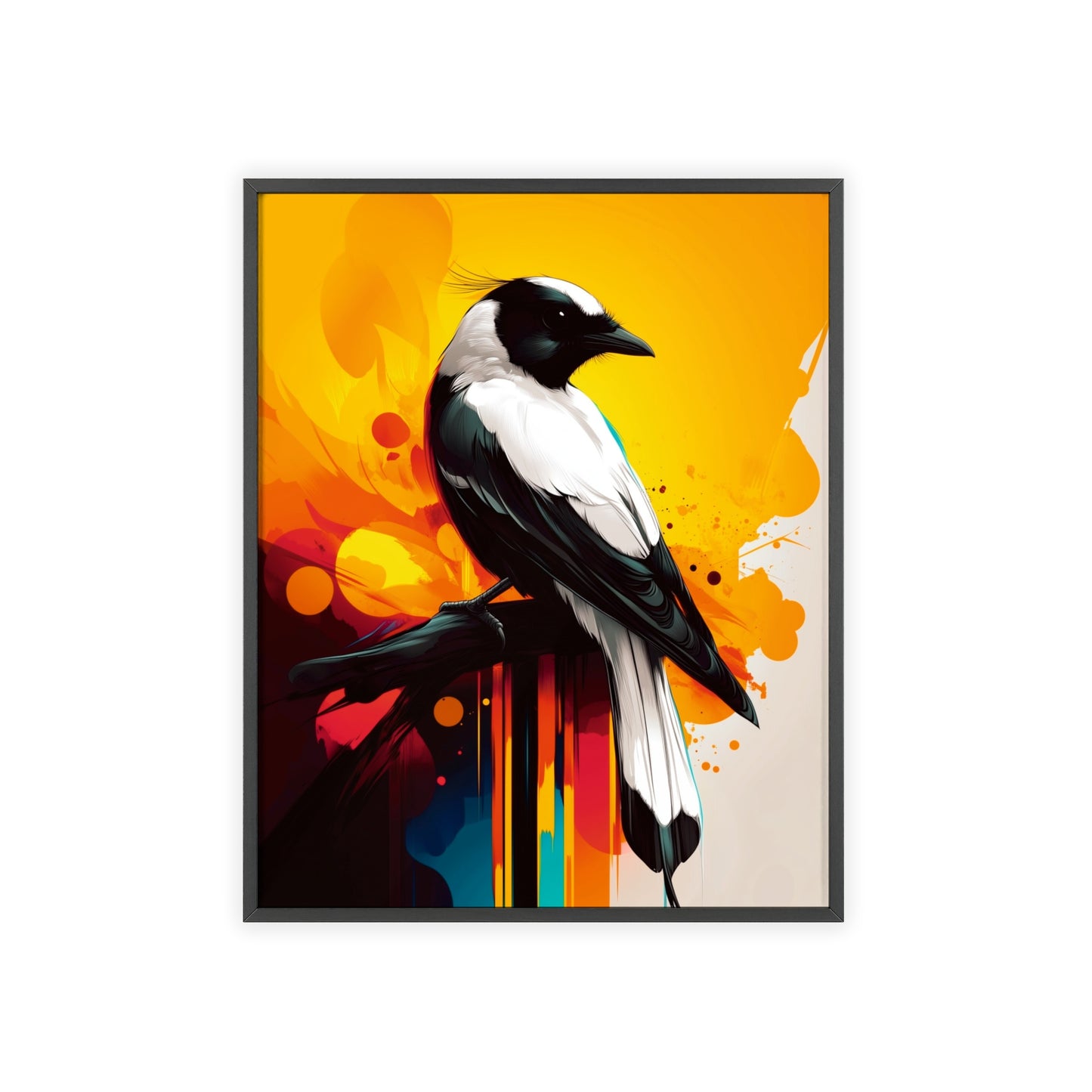 Framed Mystical Pop poster of a vibrant magpie in bold, colorful vector art.