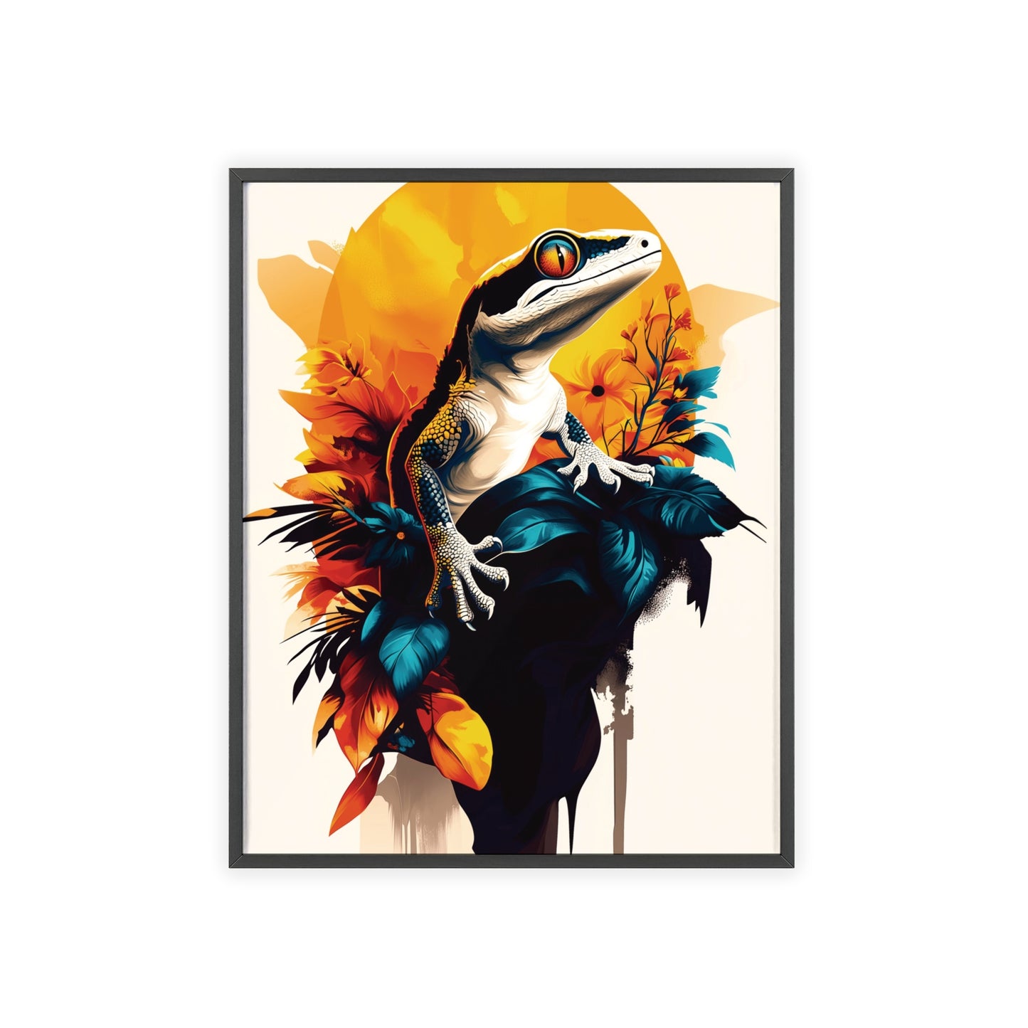 Framed Mystical Pop poster featuring a vibrant and colorful digital illustration of a wall gecko.