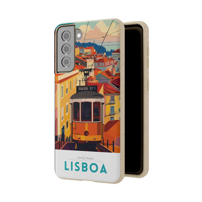 Colorful biodegradable phone case featuring a stylized travel poster design of Lisbon, Portugal.