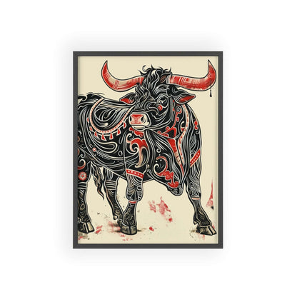 bull poster, animal art, bold design, black and red, wildlife decor, intricate patterns, nature illustration, wall art, dynamic artwork