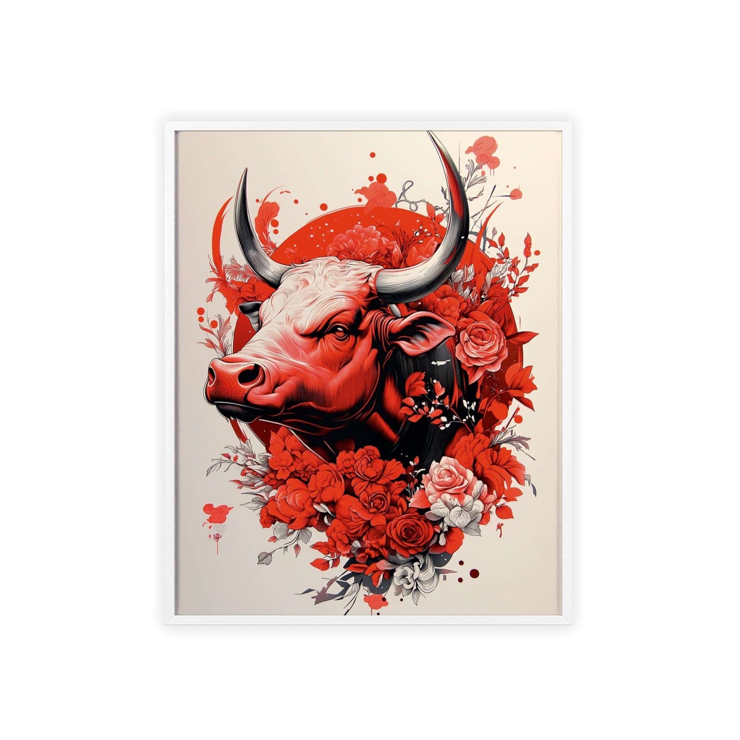 Framed poster featuring a stylized bull surrounded by red flowers