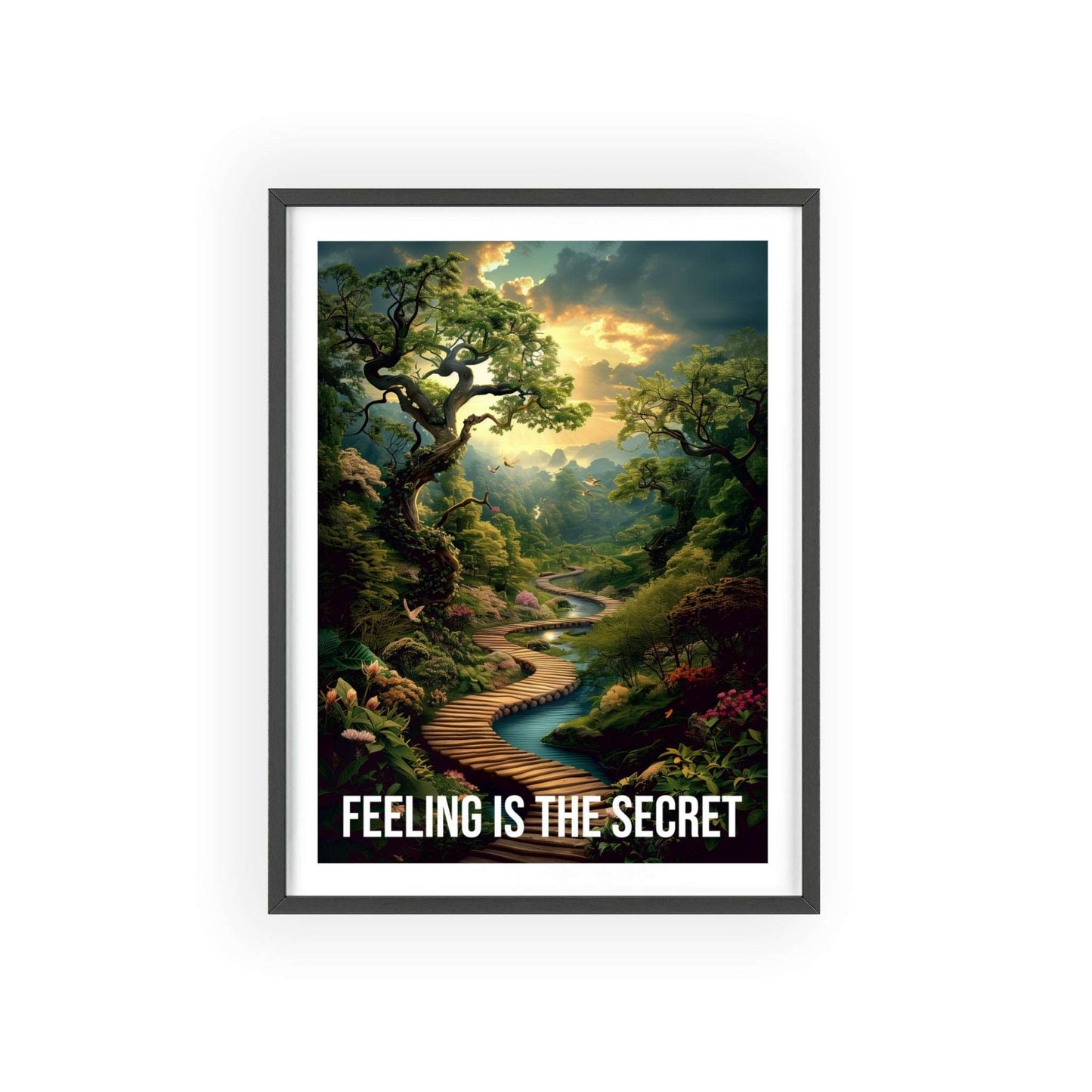 urreal minimalist art print featuring a winding forest path with sunbeams, and Neville Goddard quote "Feeling is the secret"