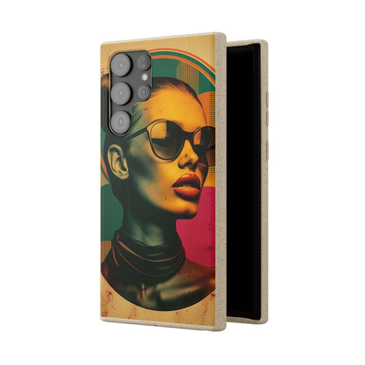 Rome-inspired biodegradable phone case with Mediterranean hues and a retro portrait, compatible with iPhone and Samsung models.