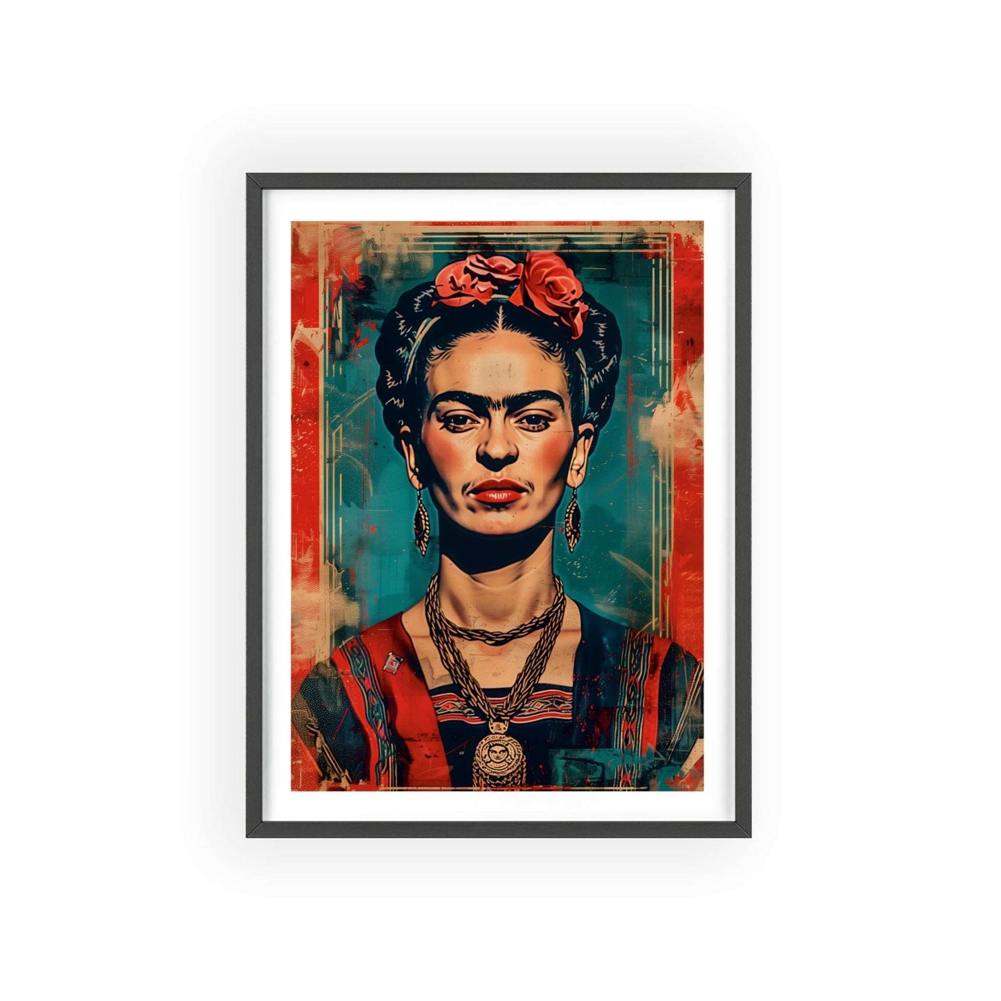 Framed poster featuring a portrait of Frida Kahlo in the style of Shepard Fairey. Frida has red lips, black eyeliner, and wears vibrant traditional Mexican clothing. The background has a distressed vintage texture
