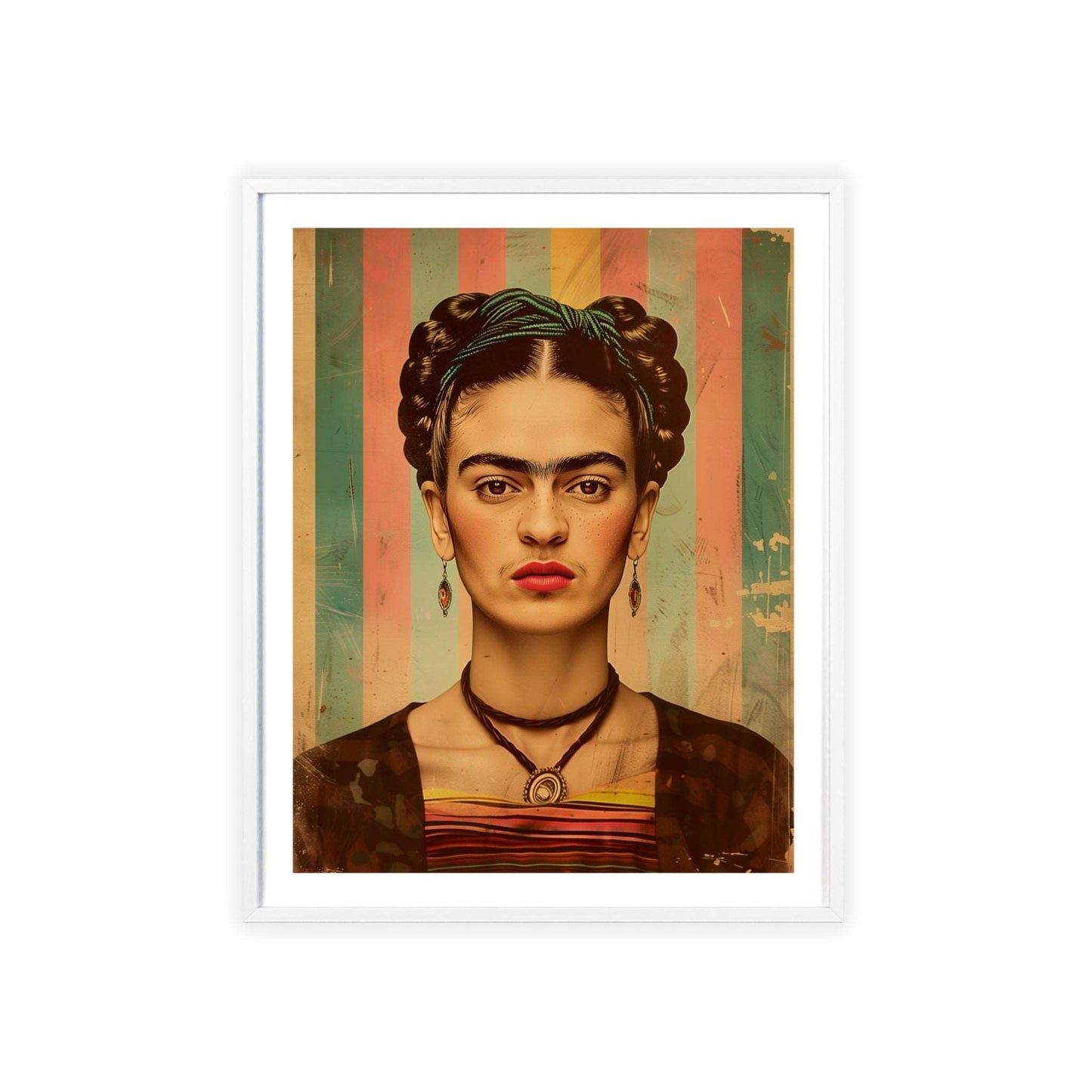 Vintage pop art style poster featuring Frida Kahlo in a vibrant color scheme. Frida has her signature unibrow, set against a background of bold, contrasting colors. The poster is framed.